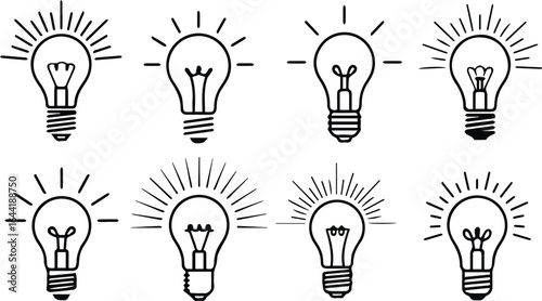  set of vintage light bulbs with glowing filament isolated on white background, idea and inspiration concept, hand drawn
