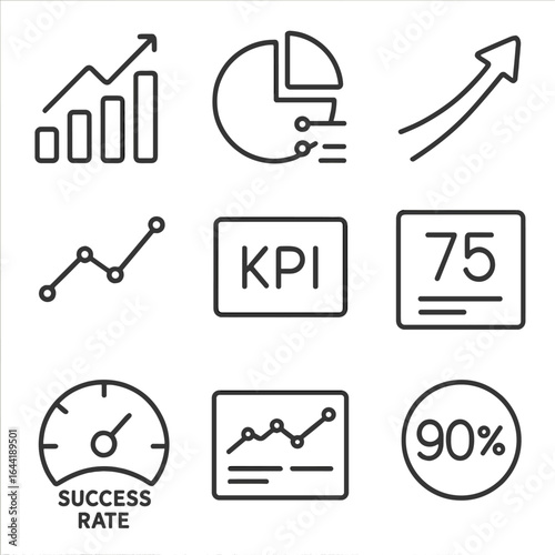 Analytics Icon Set. Line style icons of analytics and performance tracking: bar chart with activity, pie chart with data tags,