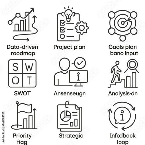 Strategic Planning Icons. Line style icons of strategic planning with data: data-driven roadmap icon, project plan based on