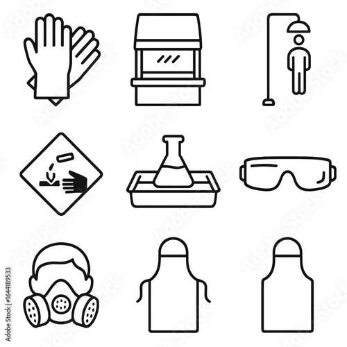 Chemical Safety Icons. Line style icons of chemical safety equipment: chemical-resistant gloves, fume hood icon, safety shower