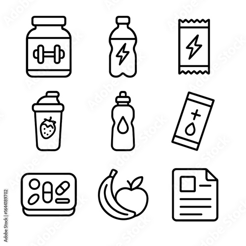 Sports Nutrition Icons. Line style icons of sports nutrition and hydration: protein powder jar, pre-workout drink icon, energy bar