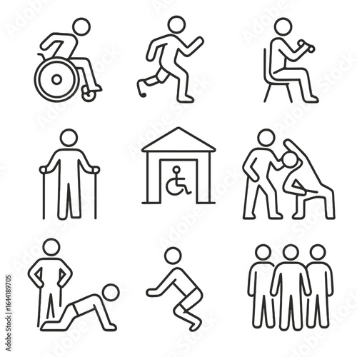 Adaptive Fitness Icons. Line style icons of adaptive and inclusive fitness: wheelchair athlete icon, prosthetic leg runner, seated