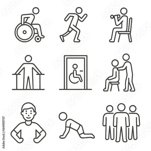 Adaptive Fitness Icons. Line style icons of adaptive and inclusive fitness: wheelchair athlete icon, prosthetic leg runner, seated