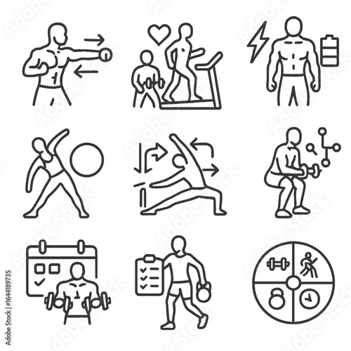 Training Icons Collection. Line style icons of full-body training strategies: push-pull workout split, cardio + strength combo