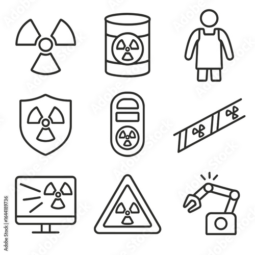 Radiation Safety Icons. Line style icons of radiation and nuclear safety symbols: radiation warning symbol, radioactive waste