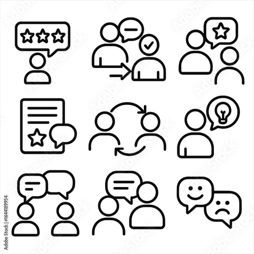 Feedback and Evaluation Icons. Line style icons of feedback and evaluation dialogue: giving review icon, constructive feedback