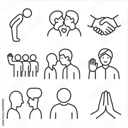 Social Ritual Icons. Line style icons of social rituals and greetings: bowing icon, kiss on cheek gesture, handshake tradition,