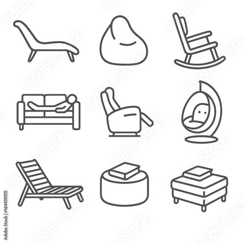 Reclining Furniture Icons. Line style icons of reclining furniture rest: chaise lounge outline, bean bag comfort icon, rocking
