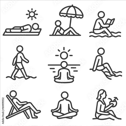 Beach Relaxation Icons. Line style icons of people relaxing on the beach: person lying on towel, sunbathing under umbrella,