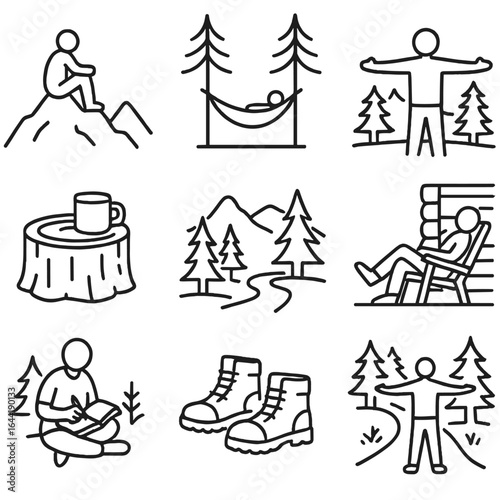 Nature Relaxation Icons. Line style icons of mountain and forest relaxation: person on mountaintop sitting, forest hammock icon,