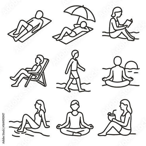 Beach Relaxation Icons. Line style icons of people relaxing on the beach: person lying on towel, sunbathing under umbrella,