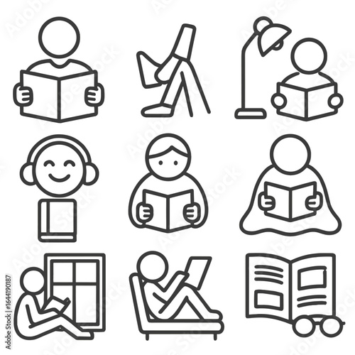 Relaxing with Books Icons. Line style icons of relaxation with books and stories: person holding open book, legs crossed with