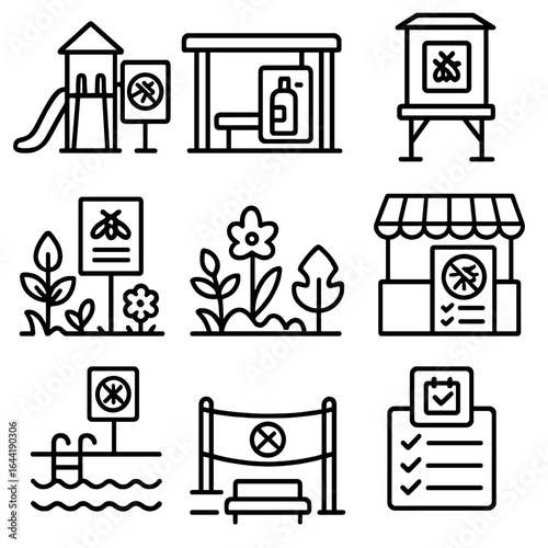 Mosquito Prevention Icons. Line style icons of community signage for mosquito prevention: playground with repellent board, bus