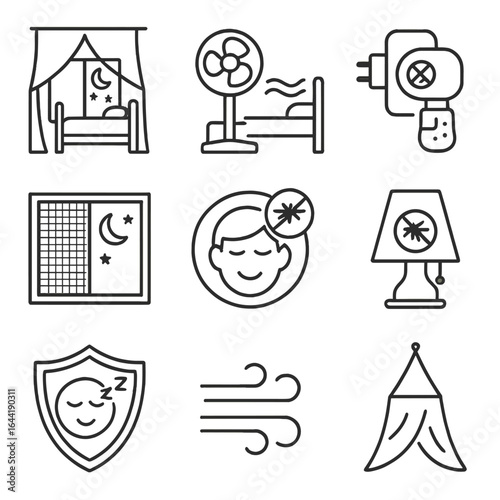 Nighttime Mosquito Control Icons. Line style icons of nighttime mosquito control at home: bedroom with net curtain, fan near bed