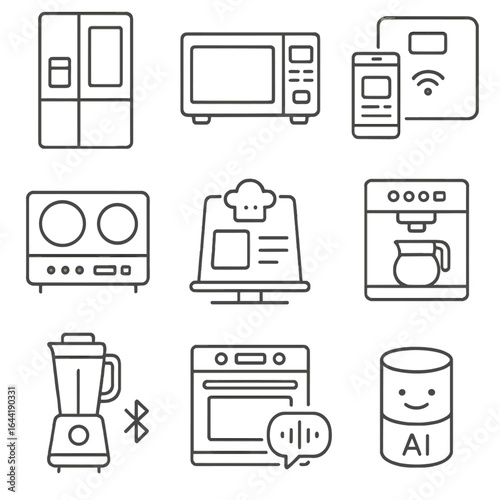 Smart Kitchen Icons. Line style icons of kitchen smart tech: smart fridge with screen, touchscreen microwave, smart scale with app