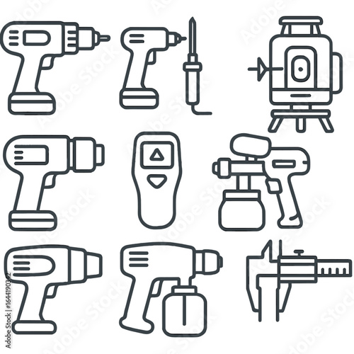 Tool Icons Collection. Line style icons of tools and utility electronics: electric drill, power screwdriver, soldering iron, laser
