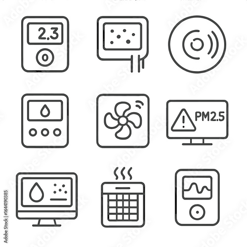 Indoor Air Quality Icons. Line style icons of indoor air quality electronics: air quality monitor with display, particulate sensor