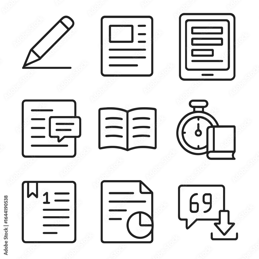 Deep Study Icons. Line style icons of deep reading and study: annotation pencil icon, page with margin notes, e-reader with Deep Study Icons. Line style icons of deep reading and study: annotation pencil icon, page with margin notes, e-reader with