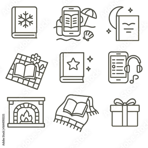 Seasonal Reading Icons. Line style icons of seasonal and holiday reading: winter book with snowflake, summer audiobook on beach,