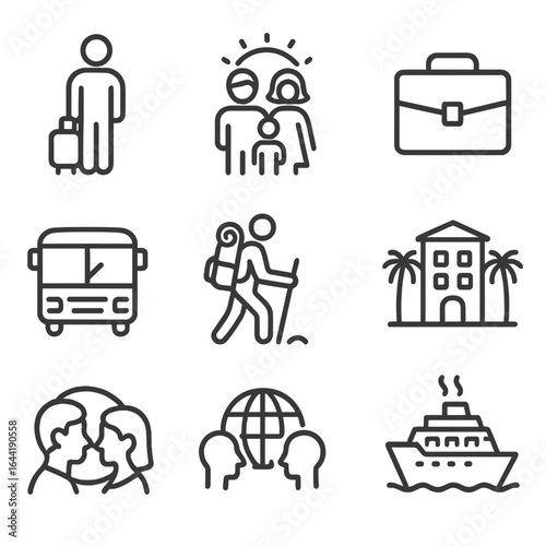 Travel Icons Collection. Line style icons of different types of travel: solo traveler with suitcase, family vacation icon,
