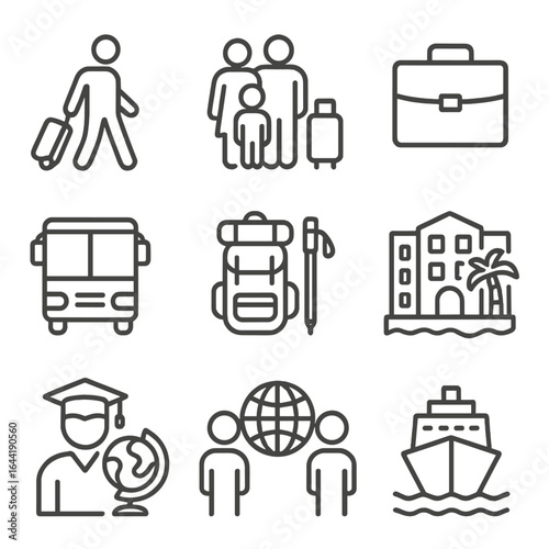 Travel Icons Collection. Line style icons of different types of travel: solo traveler with suitcase, family vacation icon,