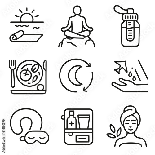 Travel Wellness Icons. Line style icons of travel wellness and health: yoga mat by beach, person meditating on cliff, healthy
