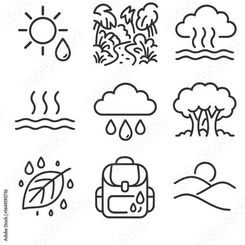 Tropical Climate Icons. Line style icons of hot and humid climates: sun with sweat icon, foggy jungle trail, humid air over field,