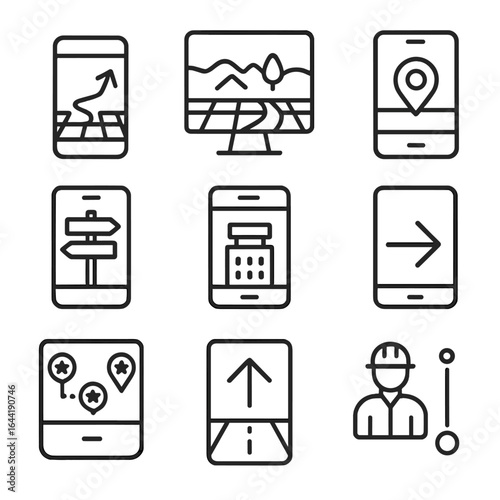 Augmented Reality Icons. Line style icons of augmented reality with maps: AR path overlay, map view with real world, pin in camera