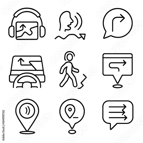 Smart Navigation Icons. Line style icons of smart navigation and voice guidance: headphones with map directions, voice icon with