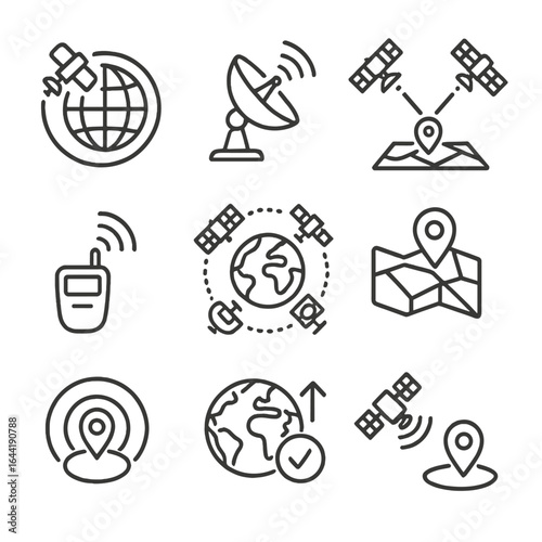 Global Positioning Icons. Line style icons of global positioning and satellites: Earth with orbiting satellite, satellite dish