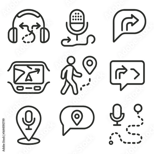 Smart Navigation Icons. Line style icons of smart navigation and voice guidance: headphones with map directions, voice icon with