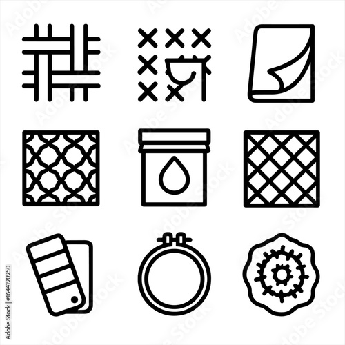 Monochrome Textile Icons. Line style icons of monochrome textile and pattern design: woven black threads, cross stitch icon,