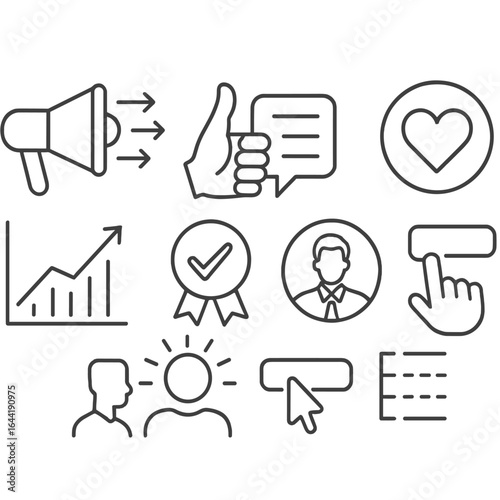 Persuasive Communication Icons. Line style icons of persuasive communication tactics: megaphone with arrows, convincing hand
