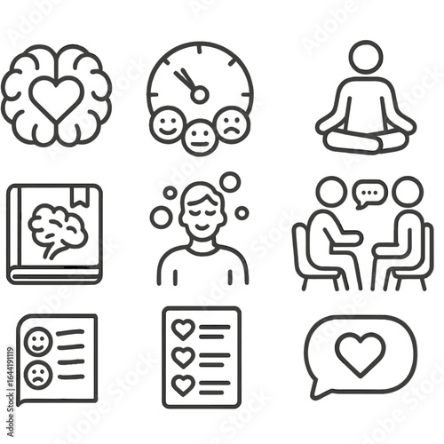 Mental Wellness Icons. Line style icons of mental and emotional wellness: brain with heart symbol, mood tracker icon, meditation