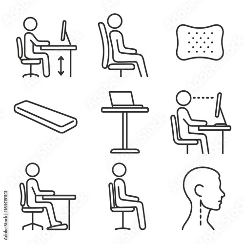 Ergonomic Workspace Icons. Line style icons of ergonomic and posture wellness: proper desk height icon, posture correct chair,