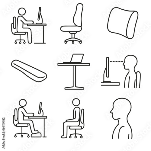 Ergonomic Workspace Icons. Line style icons of ergonomic and posture wellness: proper desk height icon, posture correct chair,