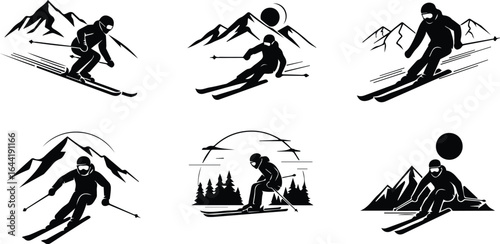  collection of skiing illustrations isolated on white background, depicting the thrill and adventure of winter sports in a scenic mountain landscape