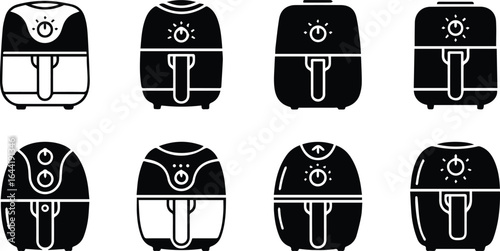  collection of air fryer vector illustrations isolated on white background, showcasing modern kitchen appliances for healthy cooking and fast meals