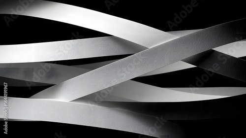 Abstract design of overlapping white ribbons against a black background.
