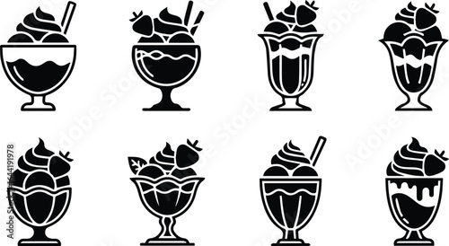  collection of ice cream sundae illustrations isolated on white background, showcasing various flavors and toppings in different glass and cup designs