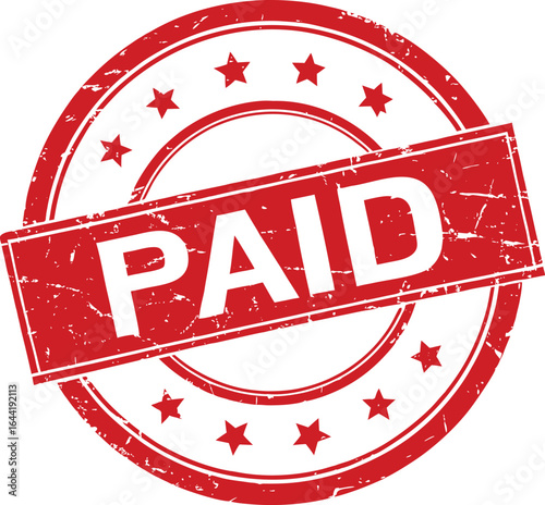 This image features a red rubber stamp with the word 'PAID' across it. The stamp has a circular design and gives a grunge, vintage, and retro feel to the image.