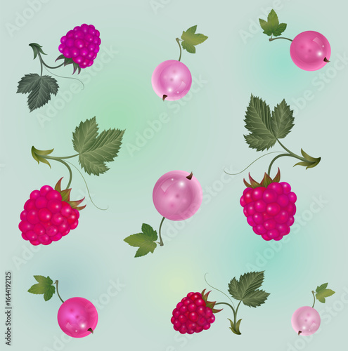 Seamless tile pattern with different pink berries raspberries currants
on a green background
