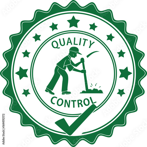 A green 'QUALITY CONTROL' seal with a man working symbolizes adherence to standards. It represents assurance, inspection, and verification for product excellence.