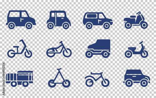 A grid displays different modes of transport, including cars, bicycles, motorcycles, and trucks, featuring simple black silhouettes on a white background for easy identification.