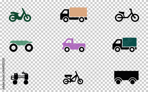 A collection of black and white icons featuring different modes of transportation such as motorcycles, bicycles, trucks, and utility vehicles arranged neatly in a grid layout.