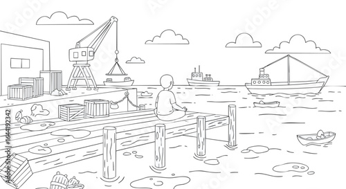 Meditative Moment at the Harbor A Contemplative Scene Amidst Maritime Activity