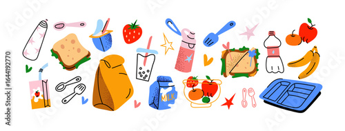 Lunch and snack stickers set. Cartoon sandwiches, fruits, drinks, lunchboxes, and school meal essentials. Fun and colorful doodle illustrations for kids' lunchtime and takeout food.