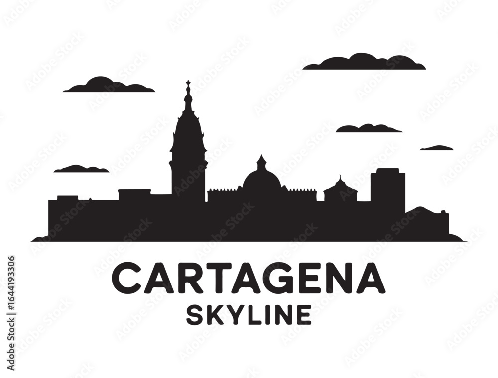 Obraz premium Cartagena skyline, monochrome silhouette. Vector illustration. Vector black silhouette. with white background.