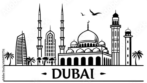 "Flat, minimalist Dubai skyline in silhouette form, intricate architectural details on some skyscrapers, mosque domes scattered in the cityscape, 'DUBAI' text in clean bold font below."