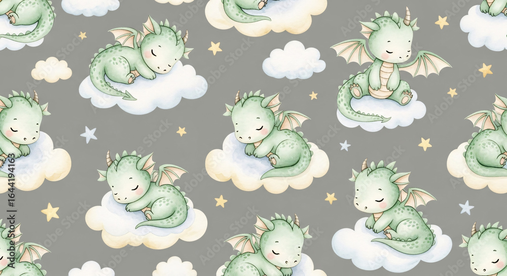 Obraz premium Seamless watercolor baby dragon pattern on clouds with stars, cute hand-painted fantasy creature illustration for nursery decor, kids fabric, and whimsical wall art 